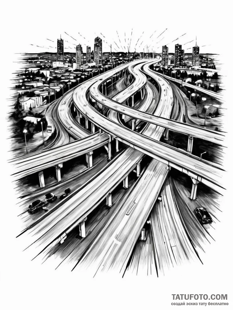 A long exposure shot of traffic on a major hi... - эскиз тату (№1752725384_0, 17.07.2025 04:09) — Tatufoto.com