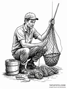 A person repairing a fishing net on a dock.,... - эскиз тату (№1752726797_0, 17.07.2025 04:33) — Tatufoto.com