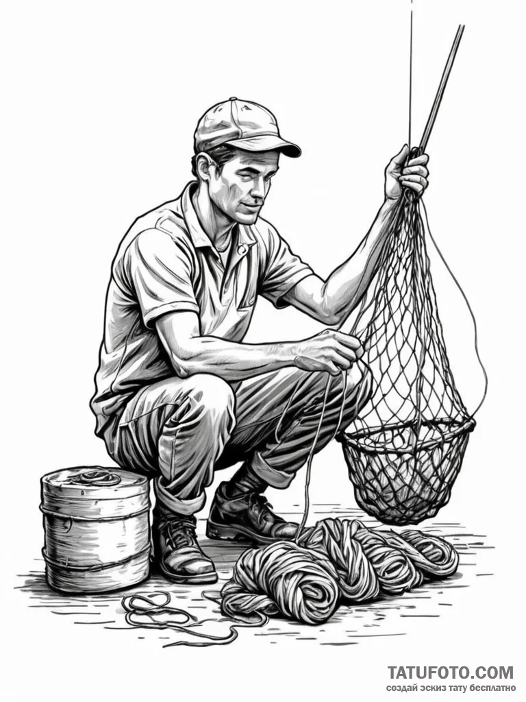 A person repairing a fishing net on a dock.,… — эскиз тату (№1752726797_0, 17.07.2025 04:33) — Tatufoto.com