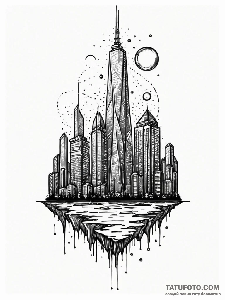 Tattoo design a futuristic city skyscraper wi... - эскиз тату (№1752727419_0, 17.07.2025 04:43) — Tatufoto.com