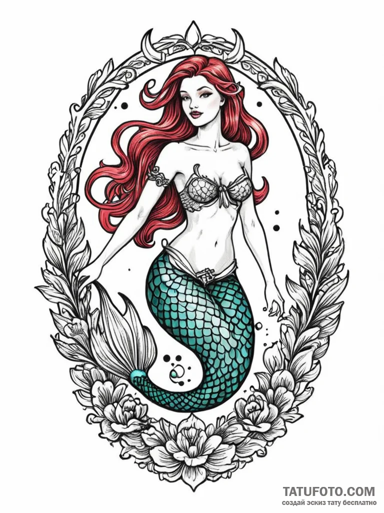 Mermaid, ink illustration for tattoo, old sch… — эскиз тату (№1752727658_0, 17.07.2025 04:47) — Tatufoto.com