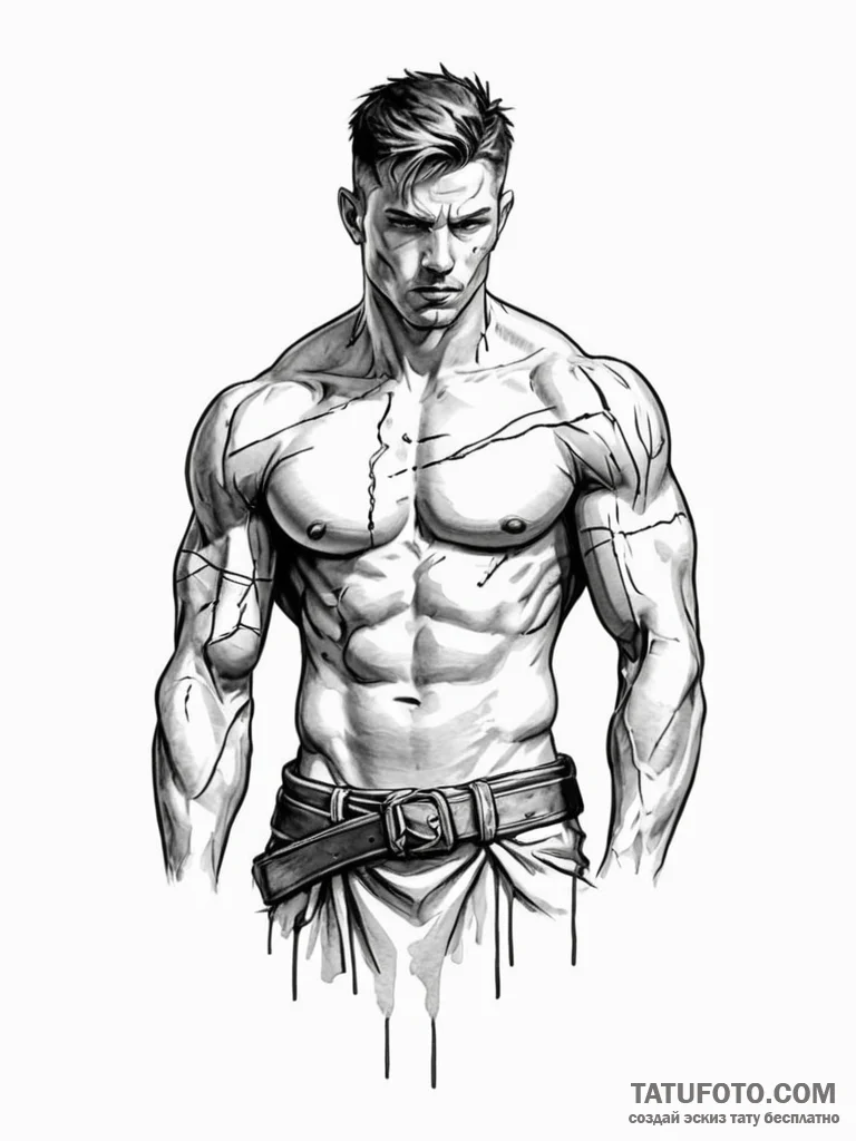 Tattoo sketch a warrior's bare chest with bat... - эскиз тату (№1752730215_0, 17.07.2025 05:30) — Tatufoto.com