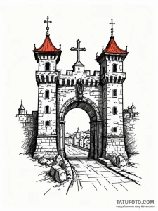 Tattoo sketch a fortified city gate, symboliz... - эскиз тату (№1752730693_0, 17.07.2025 05:38) — Tatufoto.com