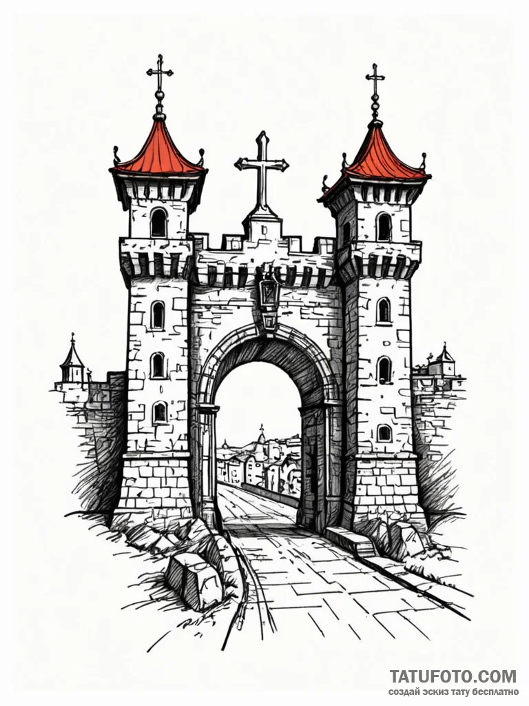 Tattoo sketch a fortified city gate, symboliz... - эскиз тату (№1752730693_0, 17.07.2025 05:38) — Tatufoto.com