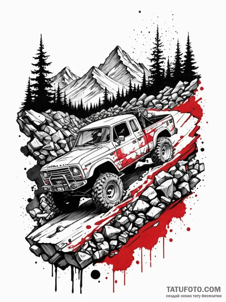 A rugged, mud-splattered 4x4 off-road vehicle... - эскиз тату (№1752730854_0, 17.07.2025 05:40) — Tatufoto.com