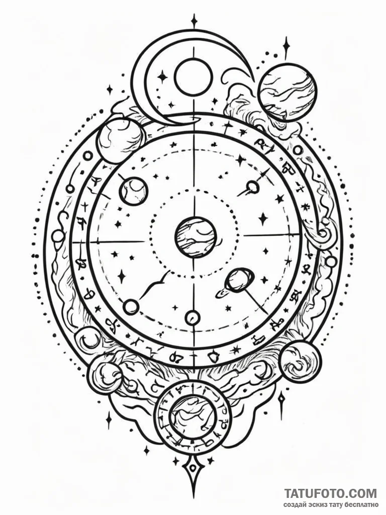 Tattoo sketch a cosmic landscape with the rul... - эскиз тату (№1752731491_0, 17.07.2025 05:51) — Tatufoto.com