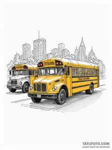 A row of yellow school buses parked in a lot.... - эскиз тату (№1752731894_0, 17.07.2025 05:58) — Tatufoto.com