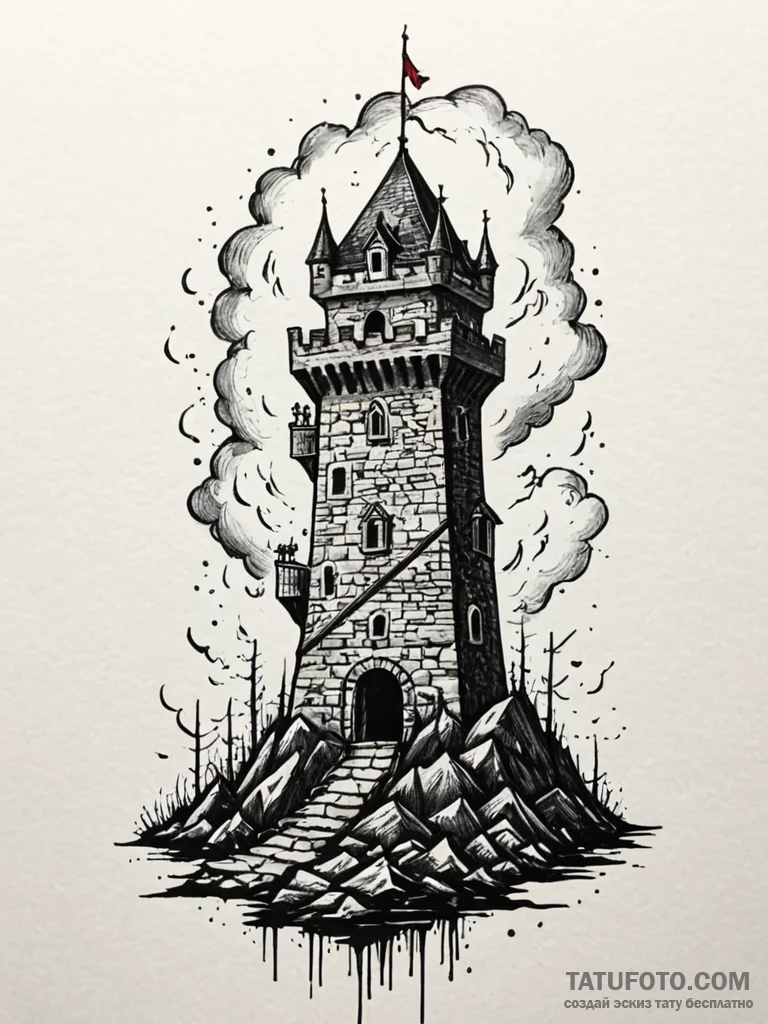 Tattoo sketch a sturdy castle tower standing... - эскиз тату (№1752733414_0, 17.07.2025 06:23) — Tatufoto.com