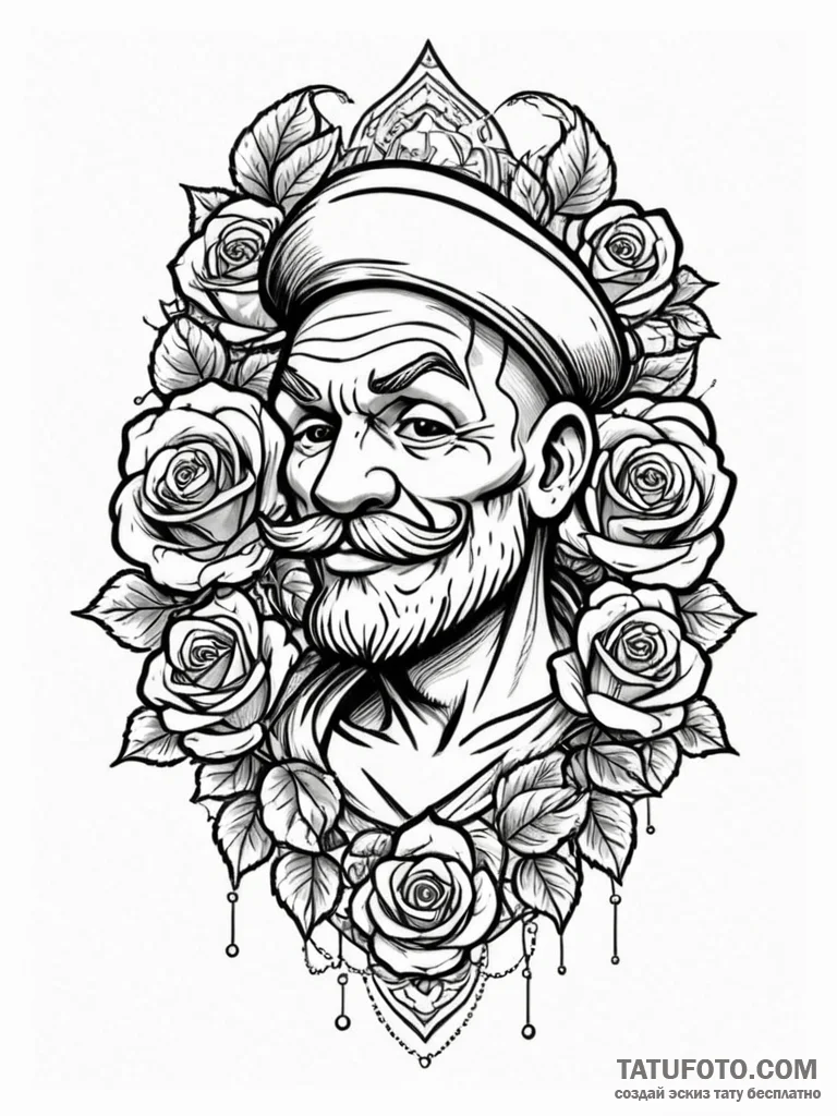 Popeye the sailor, ink illustration for tatto... - эскиз тату (№1752735472_0, 17.07.2025 06:57) — Tatufoto.com