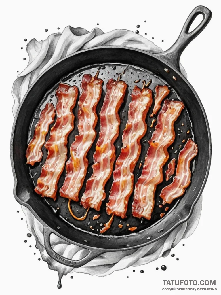 A close-up of a sizzling strip of bacon in a... - эскиз тату (№1752738722_0, 17.07.2025 07:52) — Tatufoto.com