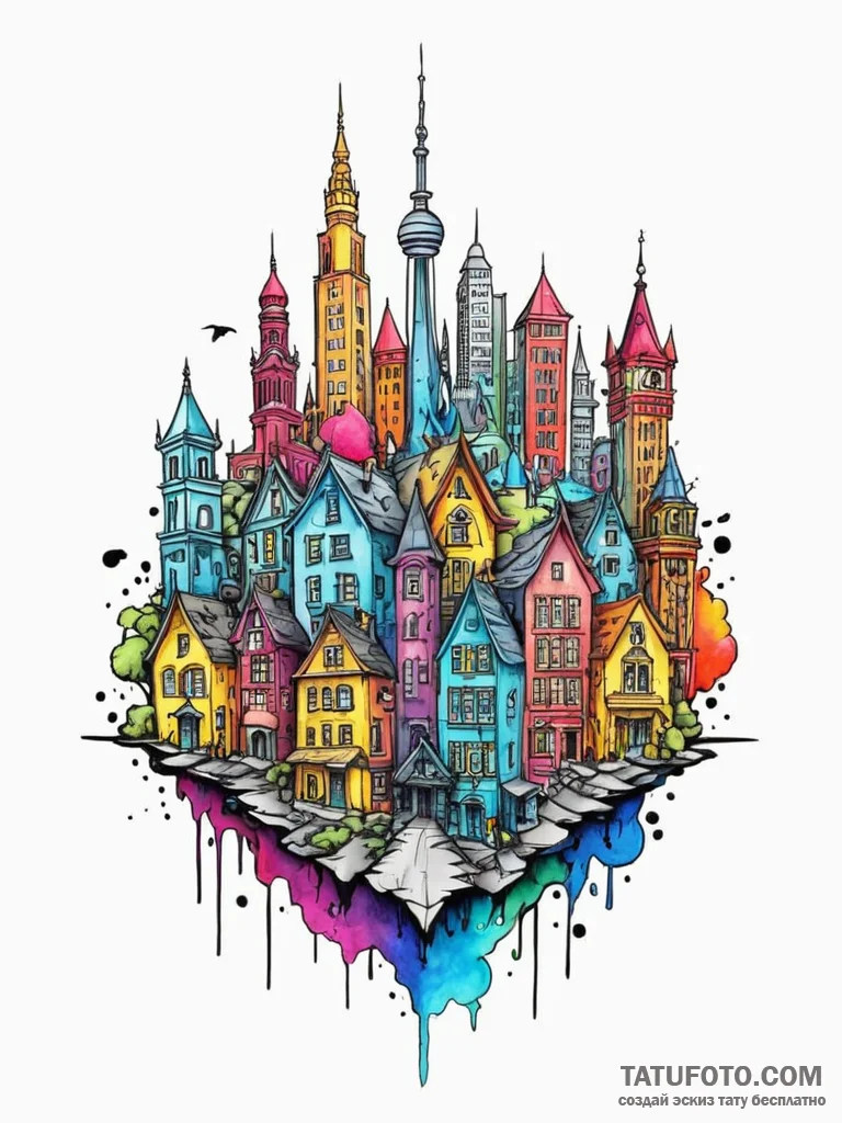 Tattoo design a highly detailed miniature cit… — эскиз тату (№1752740323_0, 17.07.2025 08:18) — Tatufoto.com