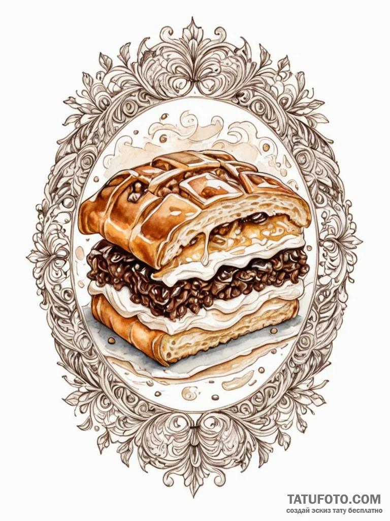 A watercolor sketch of the "strudel with crea... - эскиз тату (№1752740476_0, 17.07.2025 08:21) — Tatufoto.com