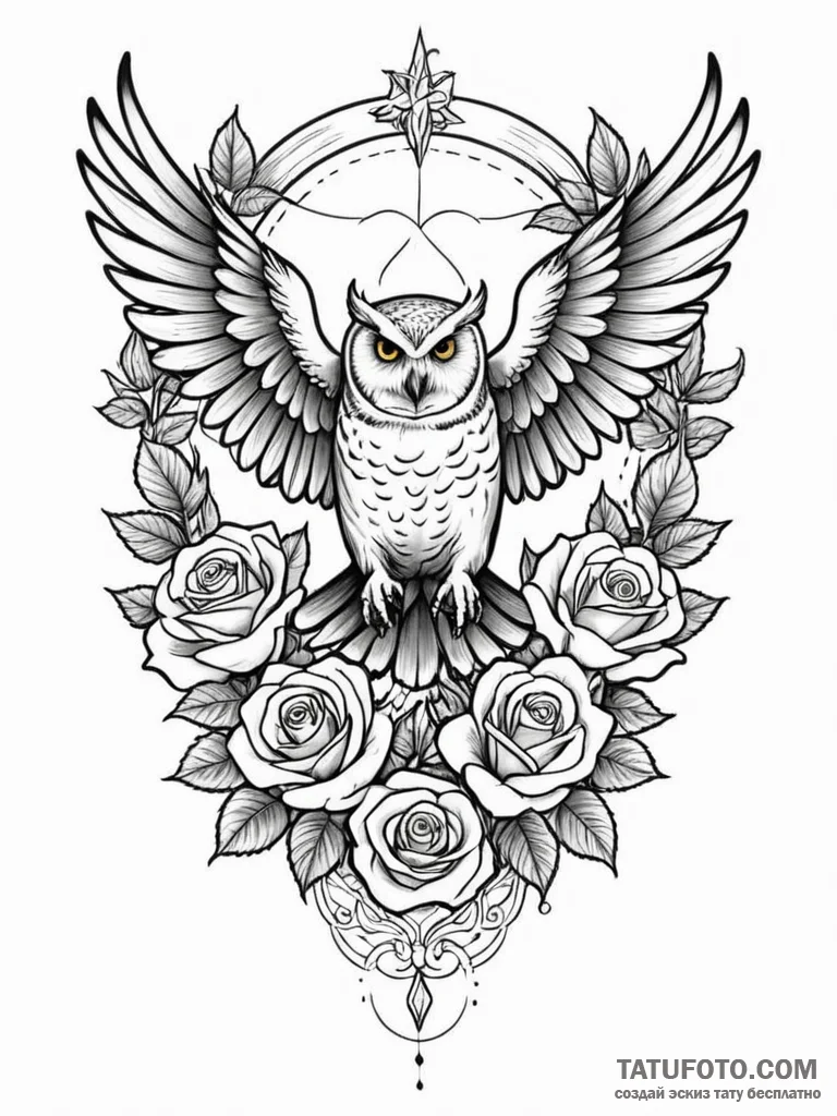 A sketch of hedwig the owl in flight., tattoo... - эскиз тату (№1752740859_0, 17.07.2025 08:27) — Tatufoto.com