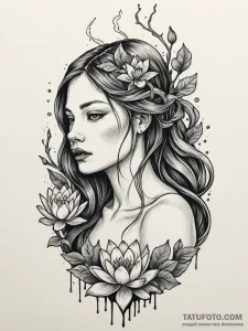 A neo-traditional tattoo of a rusalka brushin... - эскиз тату (№1752742915_0, 17.07.2025 09:01) — Tatufoto.com
