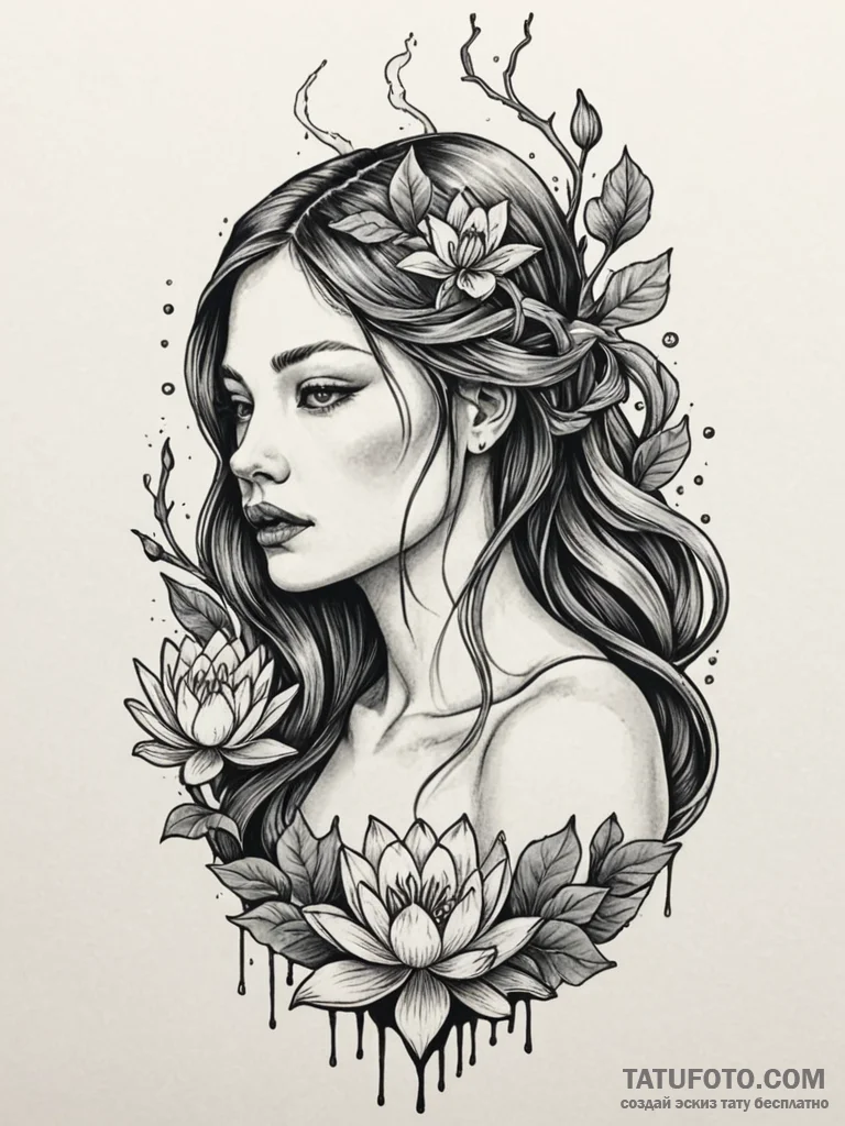 A neo-traditional tattoo of a rusalka brushin… — эскиз тату (№1752742915_0, 17.07.2025 09:01) — Tatufoto.com