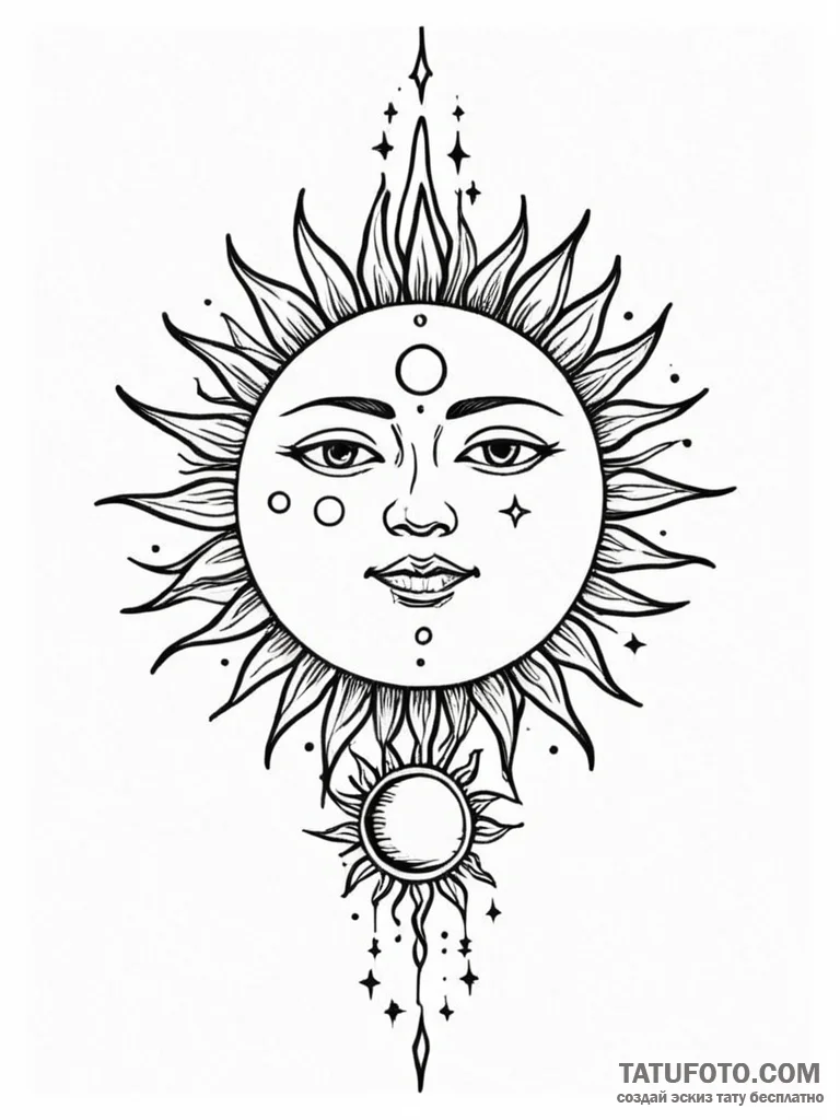 Sun and moon, ink illustration for tattoo, bl... - эскиз тату (№1752745287_0, 17.07.2025 09:41) — Tatufoto.com