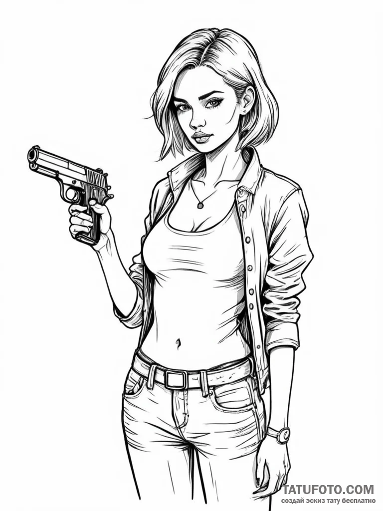 A sketch of b.b. with her toy gun,, ink illus... - эскиз тату (№1752745909_0, 17.07.2025 09:51) — Tatufoto.com