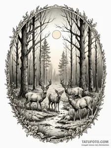 A small herd of deer grazing in a forest clea... - эскиз тату (№1752746690_0, 17.07.2025 10:04) — Tatufoto.com