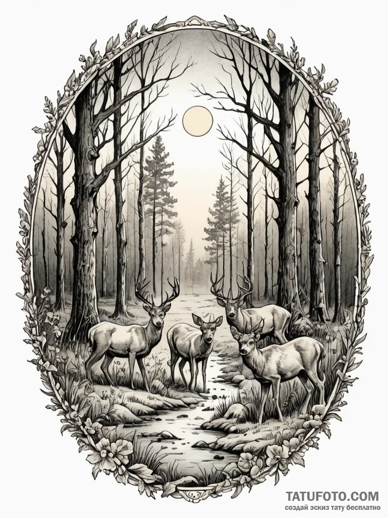 A small herd of deer grazing in a forest clea… — эскиз тату (№1752746690_0, 17.07.2025 10:04) — Tatufoto.com