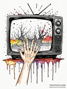 A graphic novel panel of the "they're heeeere... - эскиз тату (№1752746924_0, 17.07.2025 10:08) — Tatufoto.com
