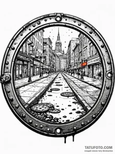 A detailed shot of a manhole cover on a wet c... - эскиз тату (№1752748247_0, 17.07.2025 10:30) — Tatufoto.com