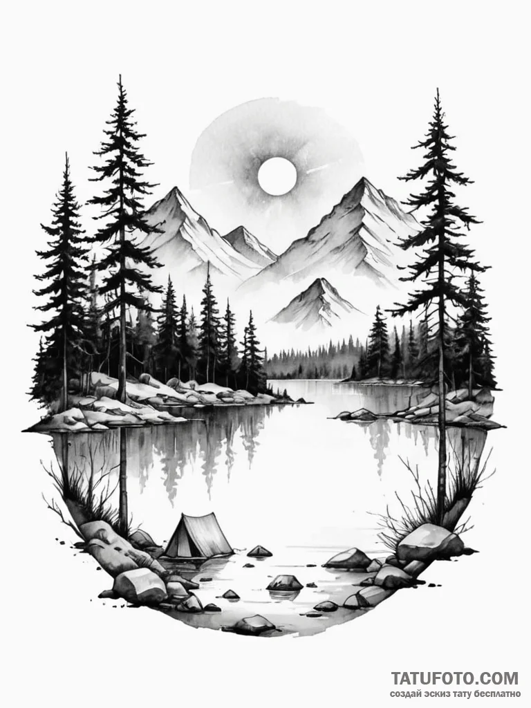 A watercolor sketch of camp crystal lake, ser... - эскиз тату (№1752749568_0, 17.07.2025 10:52) — Tatufoto.com