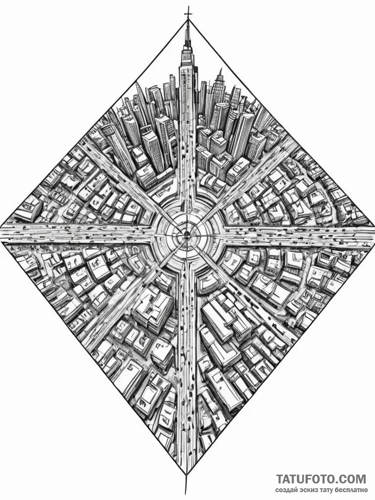 A drone shot of a perfectly symmetrical urban… — эскиз тату (№1752750270_0, 17.07.2025 11:04) — Tatufoto.com