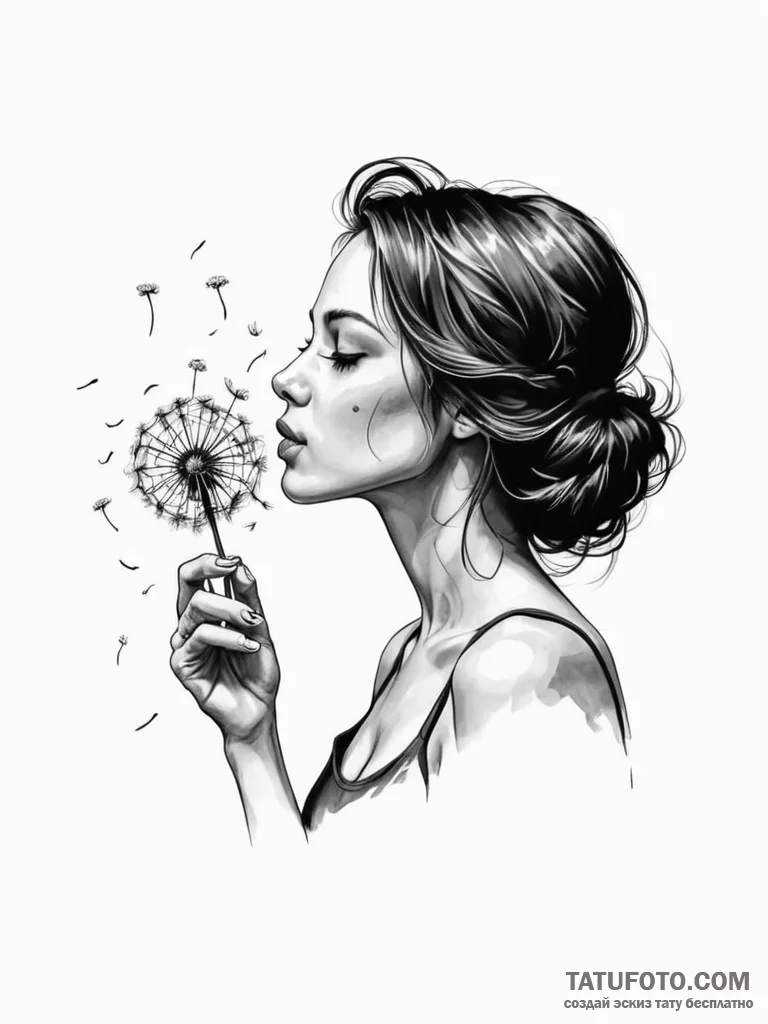 Tattoo sketch a silhouette of a woman blowing... - эскиз тату (№1752752165_0, 17.07.2025 11:36) — Tatufoto.com