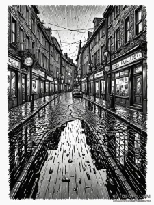 A rain-slicked cobblestone street in a histor... - эскиз тату (№1752753285_0, 17.07.2025 11:54) — Tatufoto.com