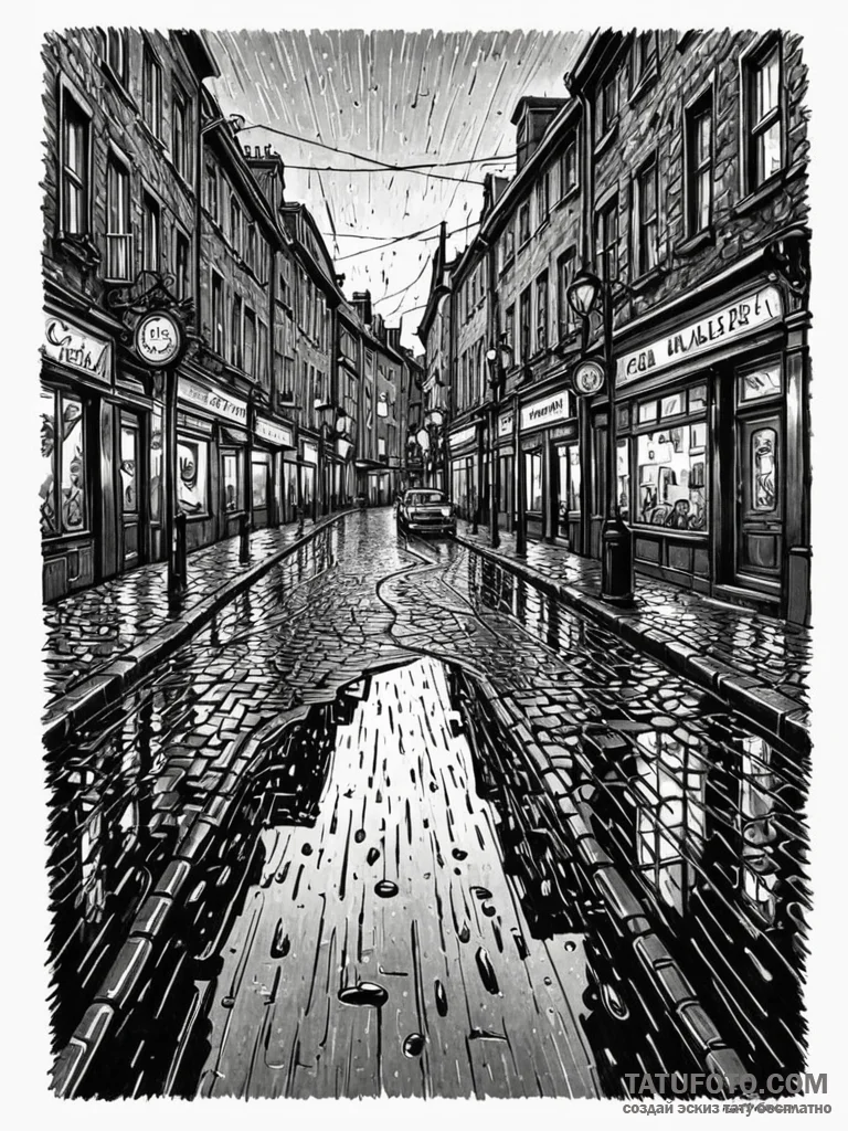 A rain-slicked cobblestone street in a histor... - эскиз тату (№1752753285_0, 17.07.2025 11:54) — Tatufoto.com
