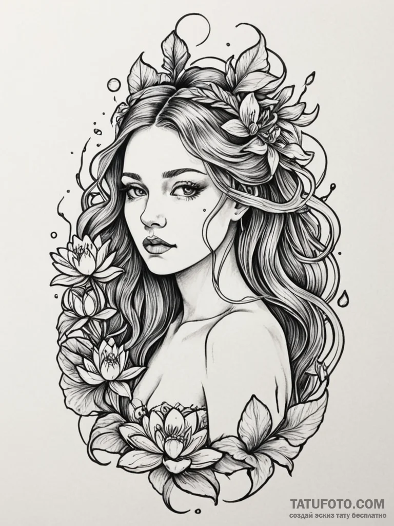A neo-traditional tattoo of a rusalka brushin... - эскиз тату (№1752755835_0, 17.07.2025 12:37) — Tatufoto.com