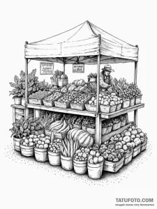 A shot of a farmer's market stall, overflowin... - эскиз тату (№1752759513_0, 17.07.2025 13:38) — Tatufoto.com