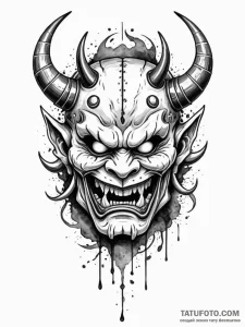 A trash polka tattoo of a japanese oni mask,... - эскиз тату (№1752760464_0, 17.07.2025 13:54) — Tatufoto.com