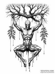 A sketch of a flayed body hanging from a tree... - эскиз тату (№1752769033_0, 17.07.2025 16:17) — Tatufoto.com