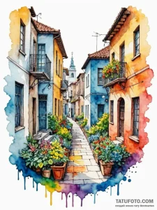 A hidden courtyard garden in the middle of a... - эскиз тату (№1752769277_0, 17.07.2025 16:21) — Tatufoto.com