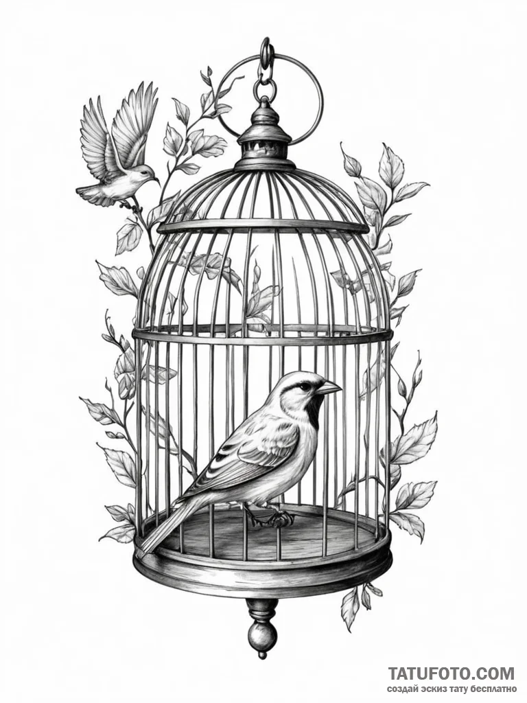Bird and cage, concept art for tattoo, realis... - эскиз тату (№1752770420_0, 17.07.2025 16:40) — Tatufoto.com