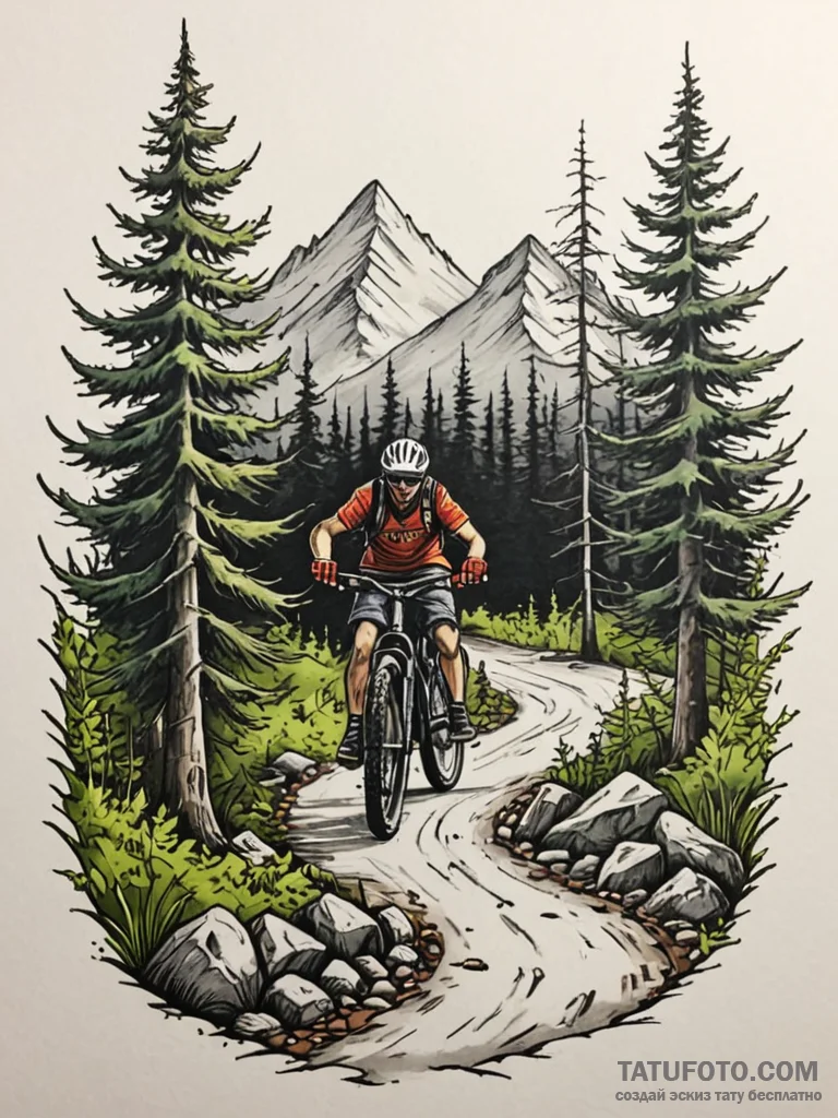 A shot of a mountain biker navigating a narro... - эскиз тату (№1752771320_0, 17.07.2025 16:55) — Tatufoto.com