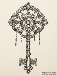 Tattoo sketch a single, ancient key with intr... - эскиз тату (№1752771812_0, 17.07.2025 17:03) — Tatufoto.com
