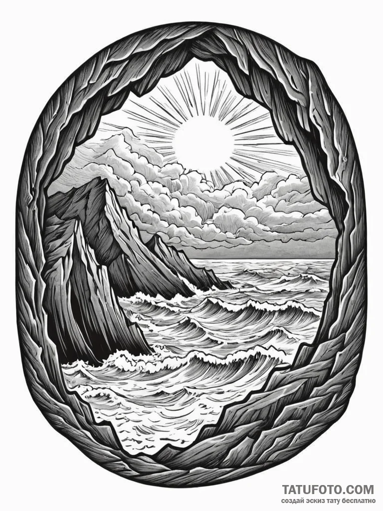 The view from inside a cave looking out at a... - эскиз тату (№1752782378_0, 17.07.2025 19:59) — Tatufoto.com