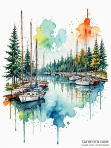 A shot of a harbor filled with sailboats, the... - эскиз тату (№1752782858_0, 17.07.2025 20:07) — Tatufoto.com