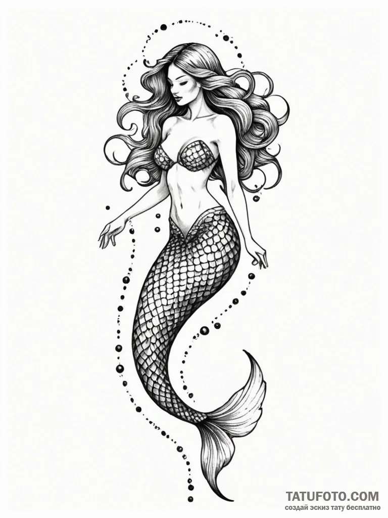 Tattoo sketch a dramatic, flowing mermaid’s t… — эскиз тату (№1752785567_0, 17.07.2025 20:52) — Tatufoto.com