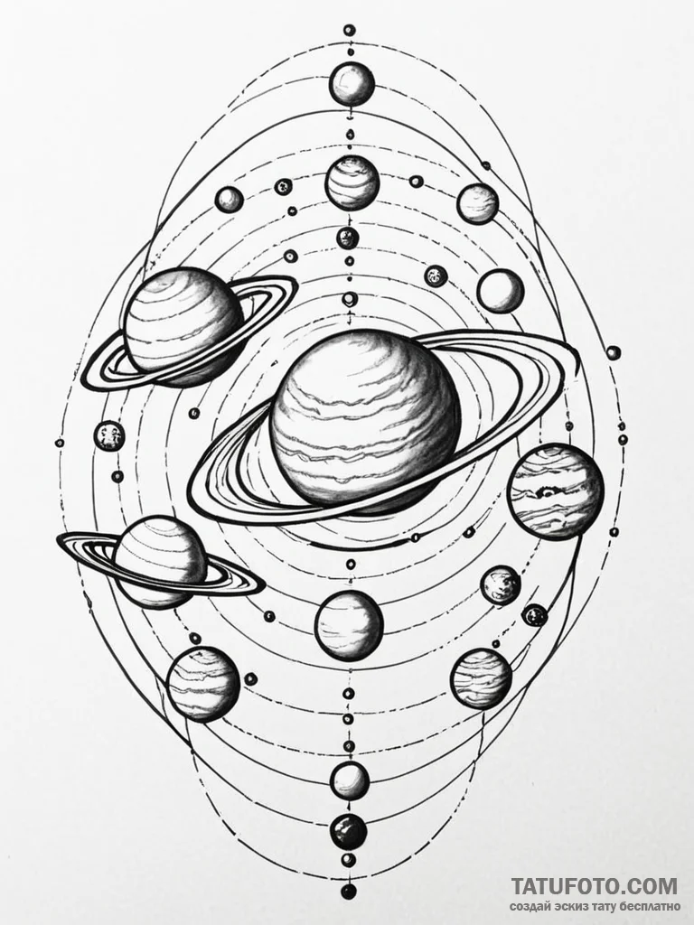 Tattoo sketch a solar system where each plane... - эскиз тату (№1752786204_0, 17.07.2025 21:03) — Tatufoto.com
