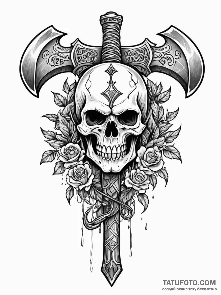 Tattoo sketch a barbarian's axe with a skull... - эскиз тату (№1752786525_0, 17.07.2025 21:08) — Tatufoto.com