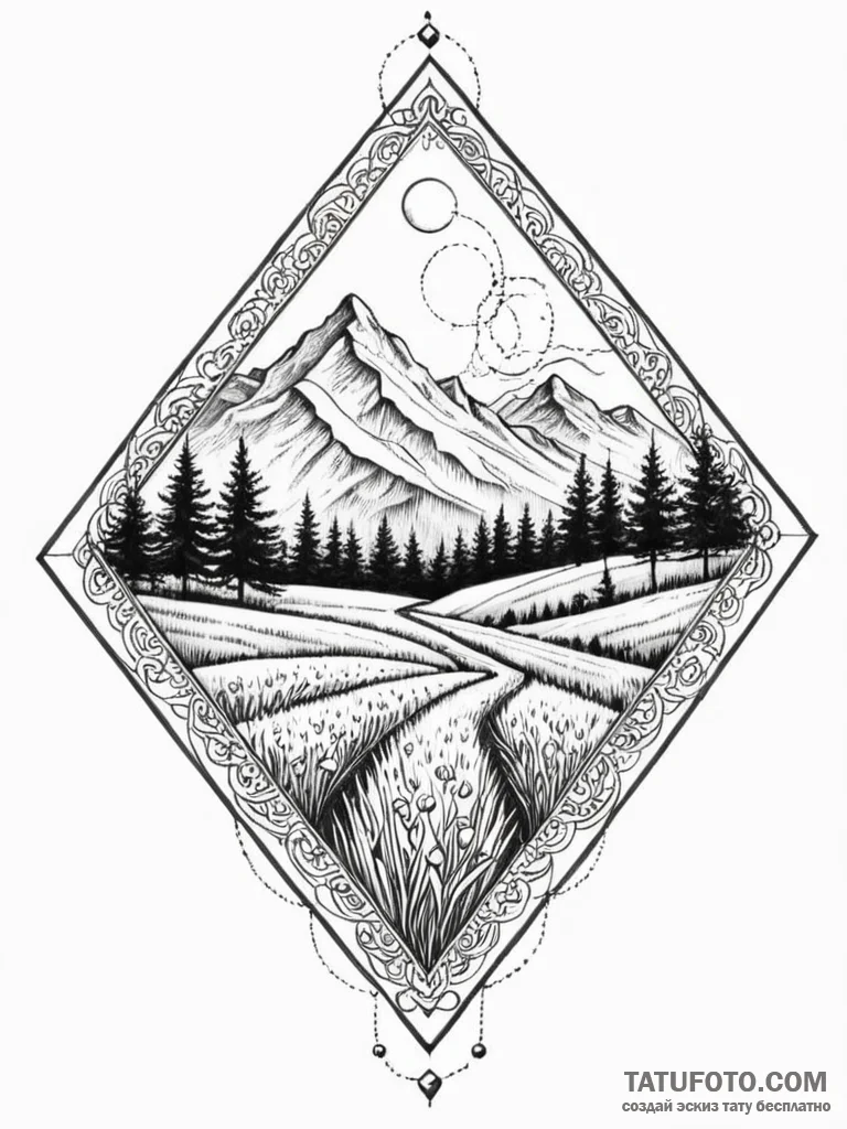 Tattoo sketch: a landscape view of a vast, fe... - эскиз тату (№1752788636_0, 17.07.2025 21:43) — Tatufoto.com