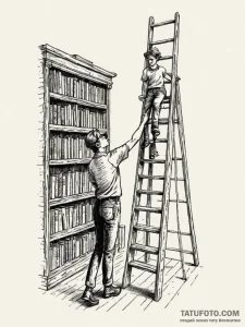 Photo of a librarian on a ladder, reaching fo... - эскиз тату (№1752790997_0, 17.07.2025 22:23) — Tatufoto.com