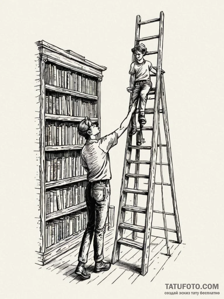 Photo of a librarian on a ladder, reaching fo... - эскиз тату (№1752790997_0, 17.07.2025 22:23) — Tatufoto.com