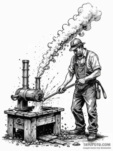 A blacksmith quenching a hot piece of metal i... - эскиз тату (№1752791077_0, 17.07.2025 22:24) — Tatufoto.com