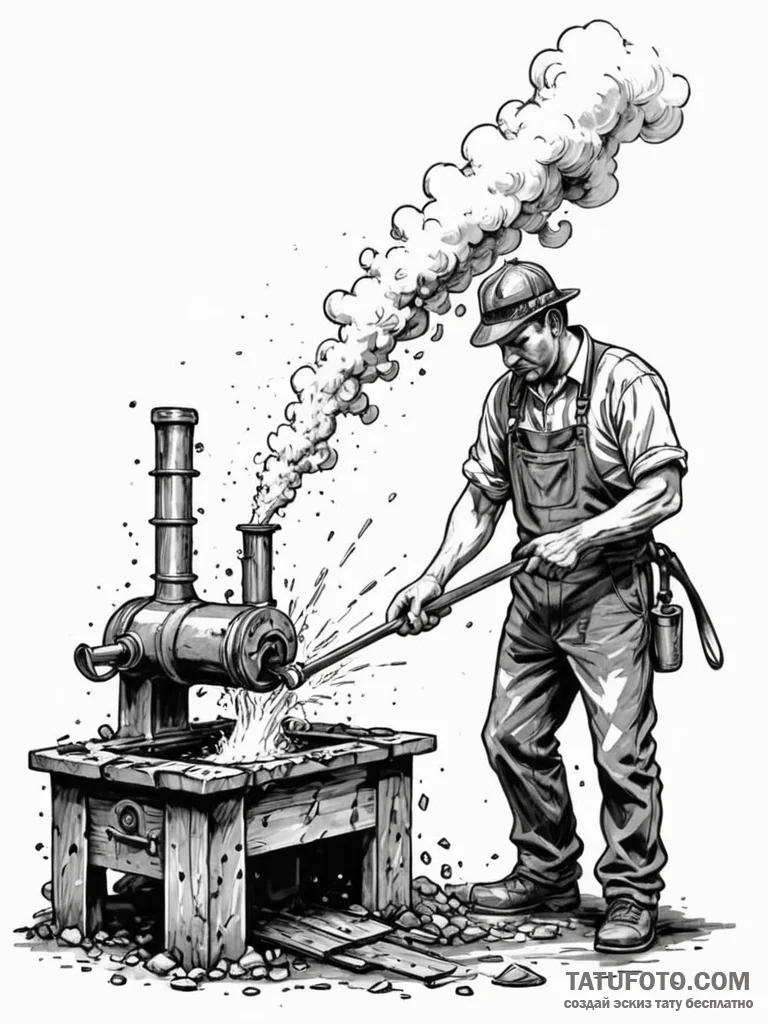 A blacksmith quenching a hot piece of metal i... - эскиз тату (№1752791077_0, 17.07.2025 22:24) — Tatufoto.com