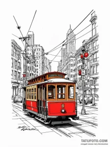A street-level view of the iconic cable cars... - эскиз тату (№1752794096_0, 17.07.2025 23:14) — Tatufoto.com
