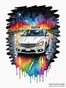 A car driving on a wet road at night, headlig... - эскиз тату (№1752795529_0, 17.07.2025 23:38) — Tatufoto.com